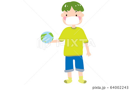 地球のおもちゃを手に持って眺めるマスクをした男の子のイラスト 地球のおもちゃを手に持って眺めるマスクをした男の子のイラスト 64002243