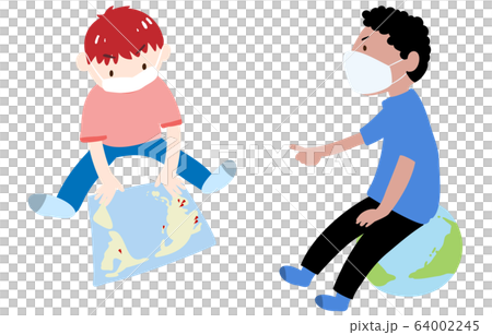 男孩戴著面具，看著世界地圖用別針卡住的插圖 64002245