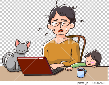 一個男人和一隻貓和一個孩子遠程工作 64002600