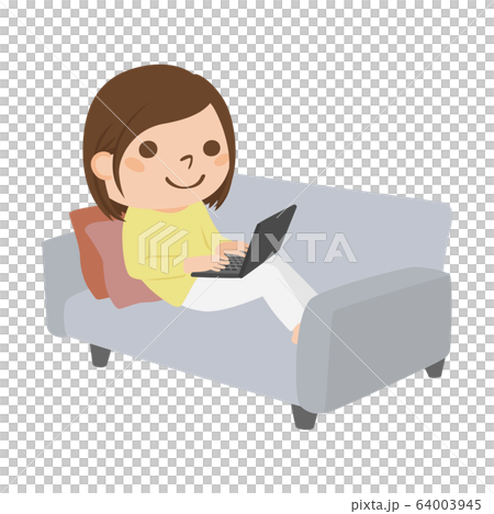 Illustration of a young woman using a laptop on the sofa in the living room. 64003945