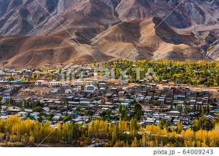 Beautiful vertical landscape with mountains in Himalayas in Leh  Ladakh which is a paradise for bike travel in India 64009243