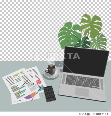 ベクターイラスト ビジネス オフィス デスク パソコン スマートフォン グラフ テレワーク 背景透明のイラスト素材