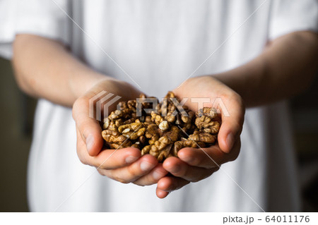 Walnut in a womans hands. Walnuts nuts is a healthy vegetarian protein and nutritious food. Nuts in a humans hand. Walnut in a womans hands. Walnuts nuts is a healthy vegetarian protein and nutritious food. Nuts in a humans hand. 64011176