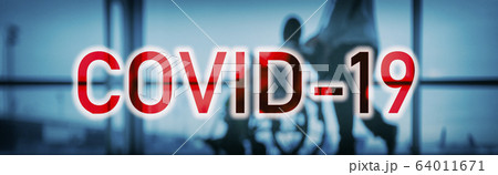 COVID-19 Text title header banner background for Coronavirus prevention with hospital doctor blue medical people panoramic 64011671