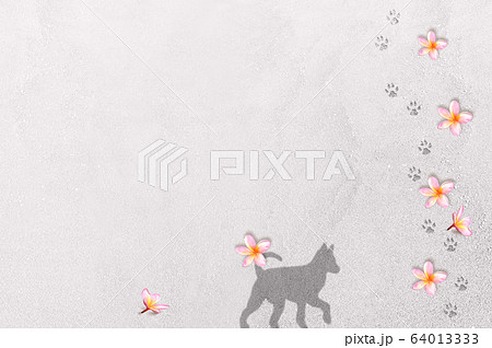 ビーチを散歩 犬のシルエットと足跡 プルメリアの花のバックグラウンドのイラスト素材
