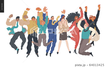 Happy business man and woman jumping in the air cheerfully 64013425