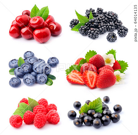 Collage of berry on white backgrounds. 64014135