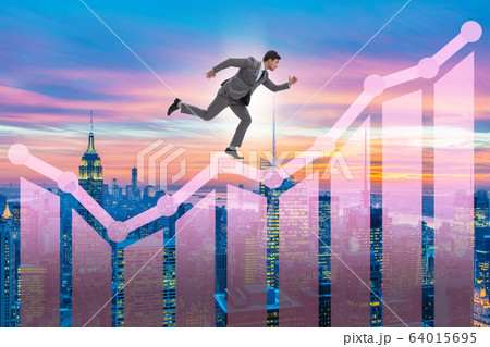 Businessman climbing bar charts in growth concept Businessman climbing bar charts in growth concept 64015695