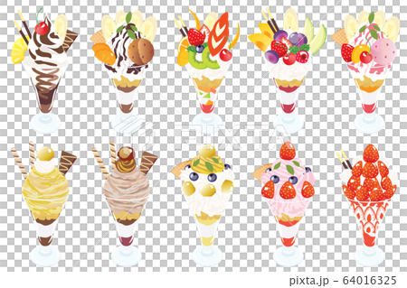チョコレートやイチゴやフルーツのパフェのセットイラスト 64016325