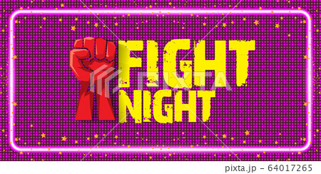 Fight night vector horizontal banner with text and strong fist. mma, wrestling or fight club emblem design template. fight label isolated on neon violet background Fight night vector horizontal banner with text and strong fist. mma, wrestling or fight club emblem design template. fight label isolated on neon violet background 64017265