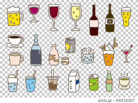 ビールやワイン、ジュース、コーヒーなどの色々な飲み物の手描き風セット 64018367