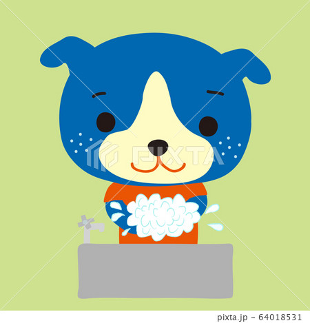 手を洗うかわいい青い犬 A Cute Little Blue Dog Washing Handsのイラスト素材