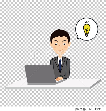 Illustration of a young male office worker using a personal computer with good ideas Illustration of a young male office worker using a personal computer with good ideas 64019943