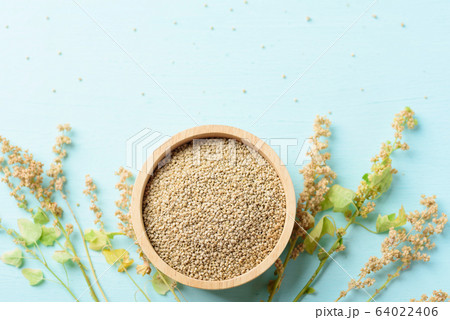 Organic brown quinoa seed in a wooden bowl and quinoa plant on pastel color background, healthy food, top view Organic brown quinoa seed in a wooden bowl and quinoa plant on pastel color background, healthy food, top view 64022406