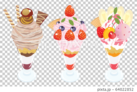 マロンやイチゴやフルーツのパフェのセットイラストのイラスト素材
