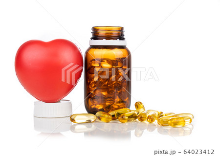 Fish oil gel capsule with bottle and heart shaped Fish oil gel capsule with bottle and heart shaped 64023412