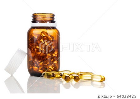 Fish oil gel capsule with bottle. It containing omega-3 64023425