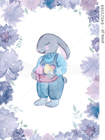 Watercolor Easter bunny with eggs and flowers. Watercolor Easter bunny with eggs and flowers. 64023569