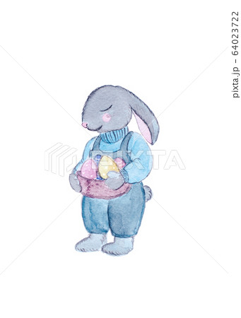 Watercolor Easter bunny with eggs and flowers. Watercolor Easter bunny with eggs and flowers. 64023722