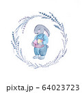 Watercolor Easter bunny with eggs and flowers. 64023723