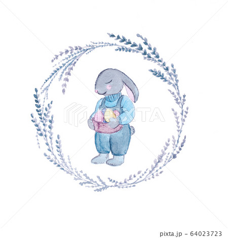 Watercolor Easter bunny with eggs and flowers. 64023723