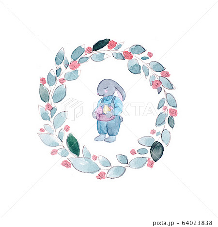 Watercolor Easter bunny with eggs and flowers. 64023838