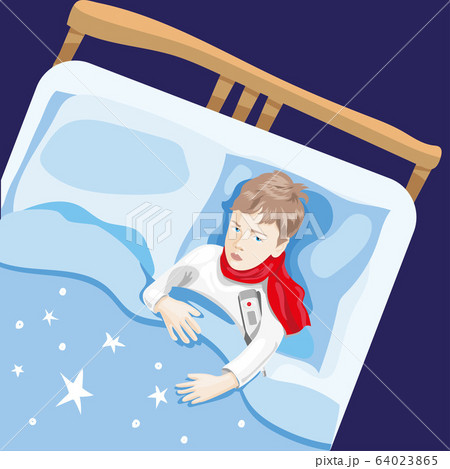 The child is ill. The boy is lying in bed with a 64023865