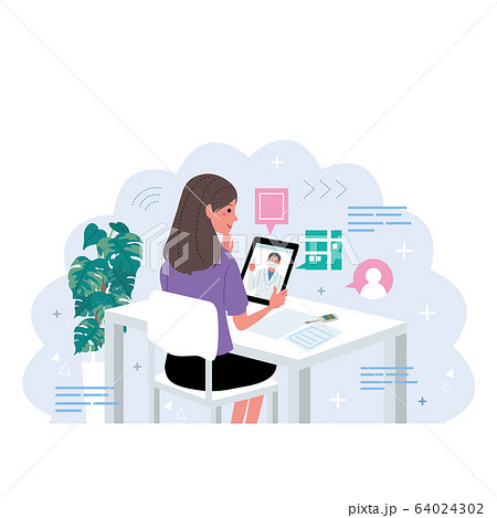 オンライン診療　医師　患者　コロナウイルス　感染予防　イラスト 64024302