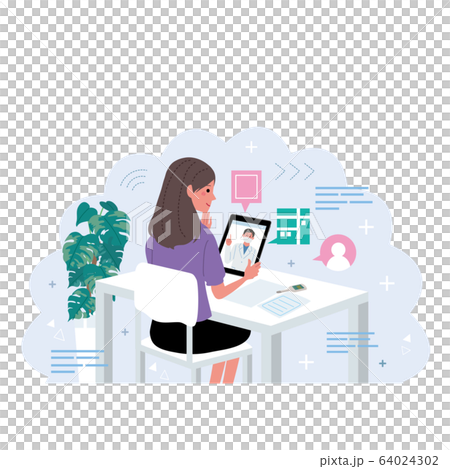 オンライン診療　医師　患者　コロナウイルス　感染予防　イラスト 64024302
