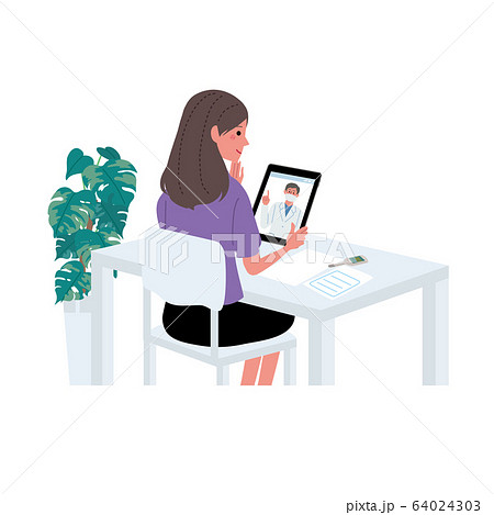 オンライン診療　医師　患者　コロナウイルス　感染予防　イラスト　セット 64024303
