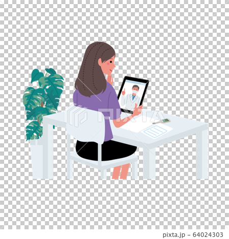 オンライン診療　医師　患者　コロナウイルス　感染予防　イラスト　セット 64024303