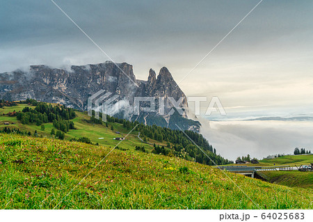 Dolomites mountain landscape cover with low cloud in autumn in Alpe di siusi, Italy Dolomites mountain landscape cover with low cloud in autumn in Alpe di siusi, Italy 64025683