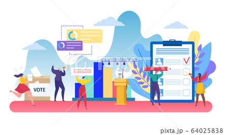 People vote on election day vector illustration, cartoon flat tiny woman man voter character choosing politician candidate isolated on white 64025838