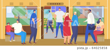 People get off at bus stop station platform vector illustration, cartoon flat passenger characters commute in busy public transport interior 64025858