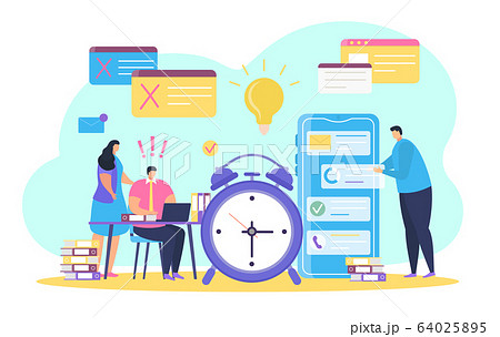 Business time management vector illustration, cartoon tiny people, flat characters solving work task near big clock icon isolated on white Business time management vector illustration, cartoon tiny people, flat characters solving work task near big clock icon isolated on white 64025895