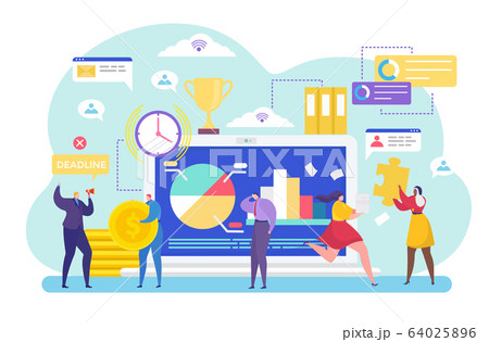 Business process management vector illustration, cartoon tiny people workers, solving work task in data analysis icon isolated on white 64025896