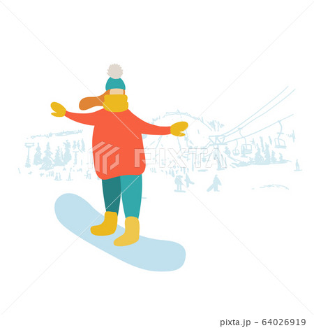 Girl learns to snowboard. Skii Resort sketch background 64026919