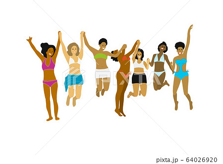 Funny girls jumping on the beach, sketch for your design 64026920