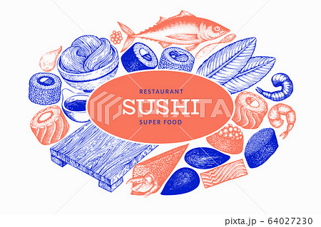 Japanese cuisine design template. Sushi hand drawn 64027230