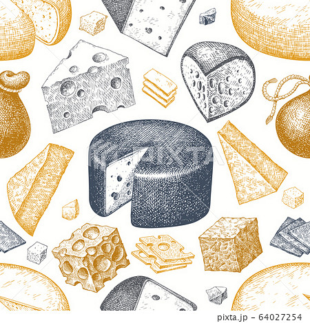Cheese seamless pattern. Hand drawn vector dairy 64027254