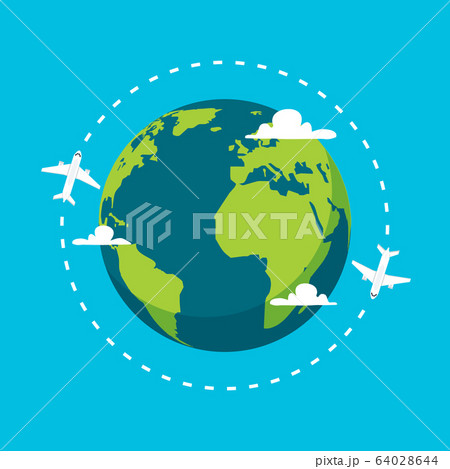 Airplane vector earth world globe icon. Plane flying round travel concept 64028644
