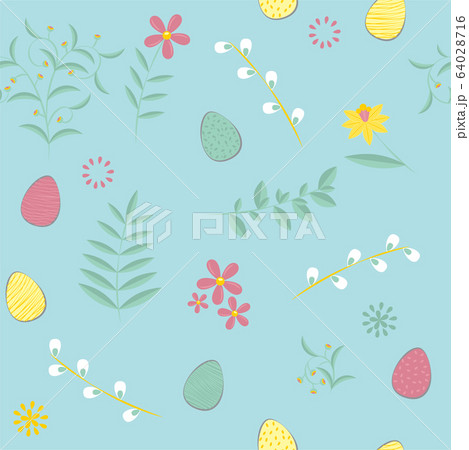 Easter pattern. Vector seamless texture with eggs, flowers. Childish seamless pattern in cartoon style. Seamless pattern can be used for pattern fills, web page backgrounds, surface textures 64028716