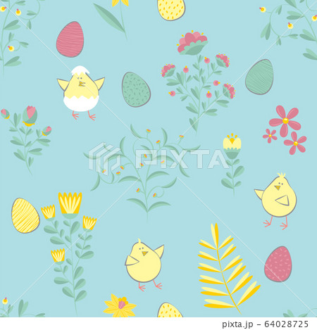 Easter pattern. Vector seamless texture with eggs, chikens, flowers. Childish seamless pattern in cartoon style. Seamless pattern can be used for wallpapers, pattern fills Easter pattern. Vector seamless texture with eggs, chikens, flowers. Childish seamless pattern in cartoon style. Seamless pattern can be used for wallpapers, pattern fills 64028725
