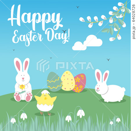 Easter greeting card with rabbit, chicken, egg. Vector illustrations for a poster, card, invitation or banner. Congratulations on the holiday. Happy Easter Easter greeting card with rabbit, chicken, egg. Vector illustrations for a poster, card, invitation or banner. Congratulations on the holiday. Happy Easter 64028726