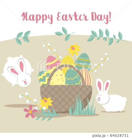 Easter greeting card with rabbits, egg basket, flowers. Vector illustrations for a poster, card, invitation or banner. Congratulations on the holiday. Happy Easter Easter greeting card with rabbits, egg basket, flowers. Vector illustrations for a poster, card, invitation or banner. Congratulations on the holiday. Happy Easter 64028731