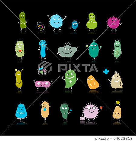 Funny and scary bacteria characters isolated on black. Vector icons of gut and intestinal flora, germs, virus. 64028818