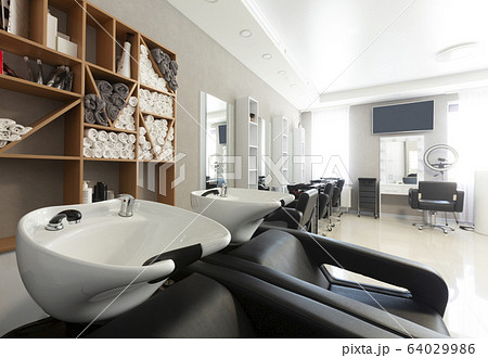 Black head-wash armchairs at modern beauty salon Black head-wash armchairs at modern beauty salon 64029986