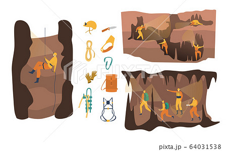 Cave speleology vector illustration, cartoon active speleologist character in adventure, people climbing, abseiling set isolated on white 64031538