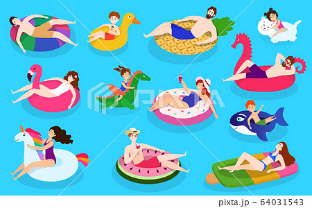 People swim pool colorful rubber rings, vector illustration with isolated characters with funny rubber swimming rings, flat style. 64031543