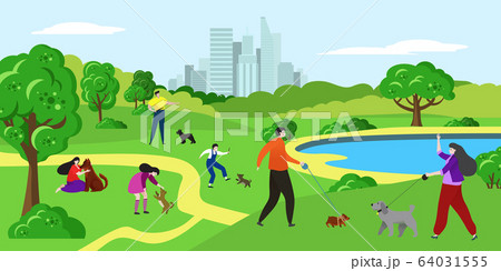 People with pet dog in park vector illustration, cartoon flat happy woman man pet owner characters walk, play with dog together People with pet dog in park vector illustration, cartoon flat happy woman man pet owner characters walk, play with dog together 64031555